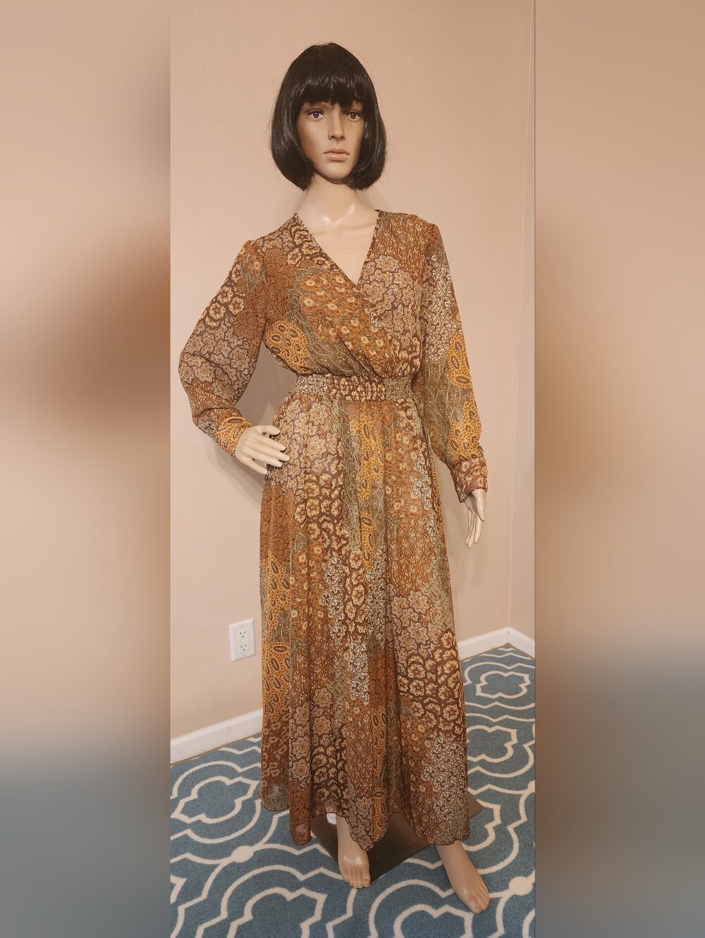 Bohemian Long-Sleeve Maxi Dress in Brown & Mustard Paisley Kate And Lily